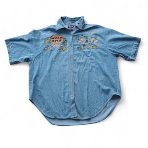 Quizz Vintage 90s "Noah Ark" Embroidered Denim SS Button Up Shirt Women's 20